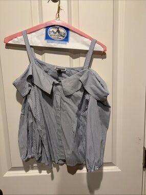 Chelsea28 Blue and White Striped Off-Shoulder Button-Front Blouse
